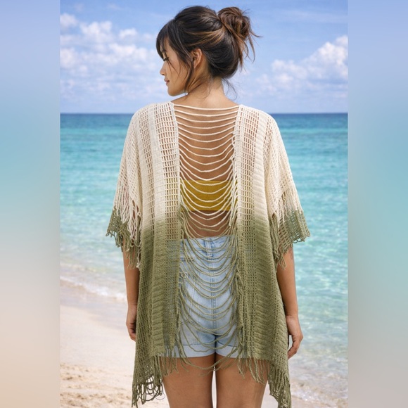 None Other - Women’s Ombre Crochet Fringe Swim Coverup - Olive/Cream